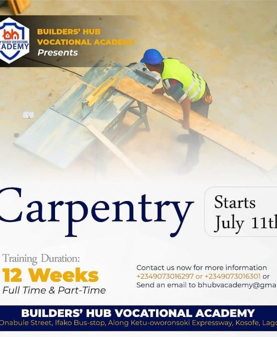 12 WEEKS FULL TIME AND PART TIME TRAINING ON CARPENTRY
